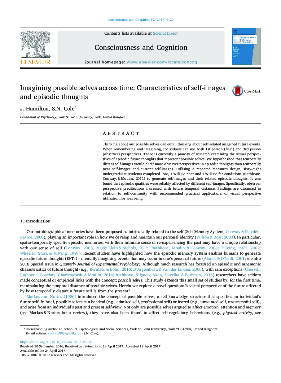 Imagining possible selves across time: Characteristics of self-images and episodic thoughts