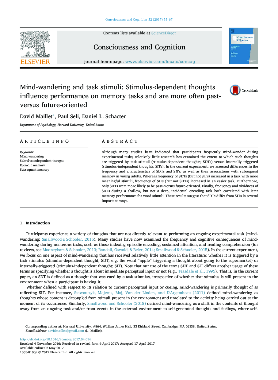 Mind-wandering and task stimuli: Stimulus-dependent thoughts influence performance on memory tasks and are more often past- versus future-oriented