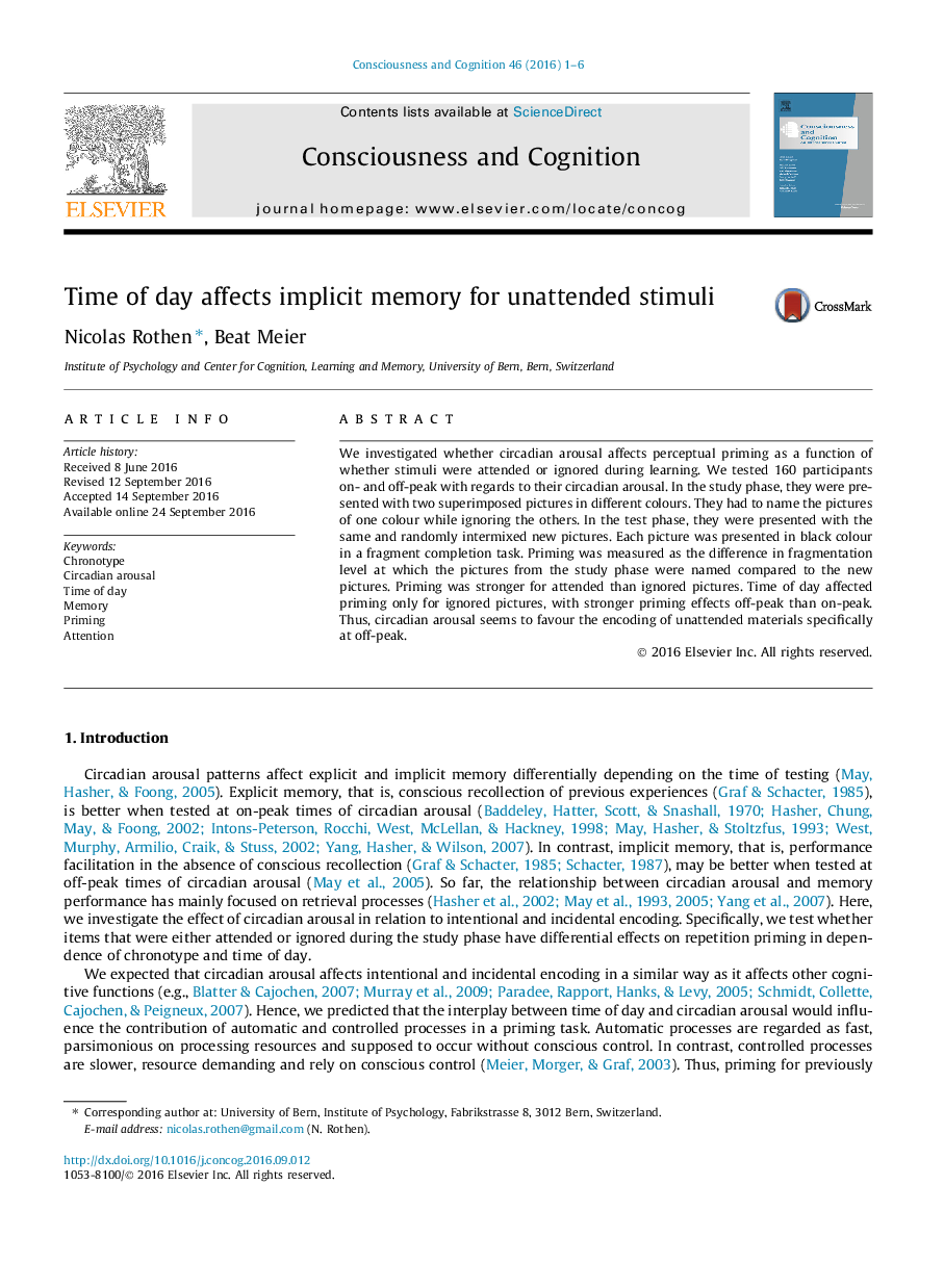 Time of day affects implicit memory for unattended stimuli