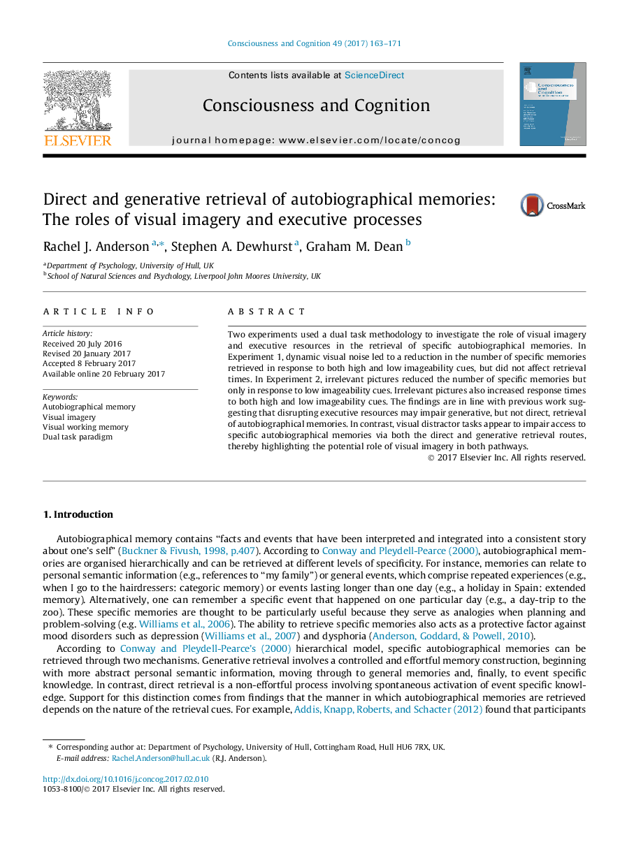 Direct and generative retrieval of autobiographical memories: The roles of visual imagery and executive processes