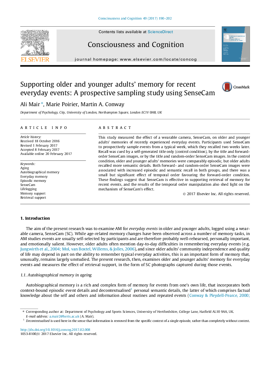 Supporting older and younger adults' memory for recent everyday events: A prospective sampling study using SenseCam