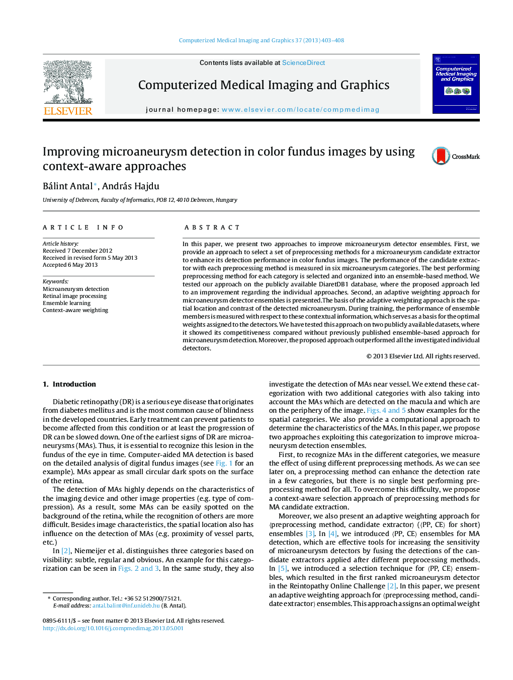 Improving microaneurysm detection in color fundus images by using context-aware approaches