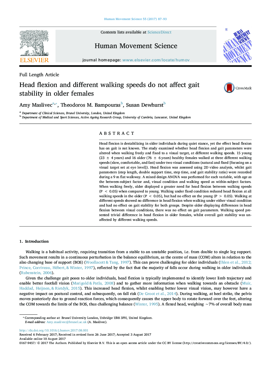 Head flexion and different walking speeds do not affect gait stability in older females