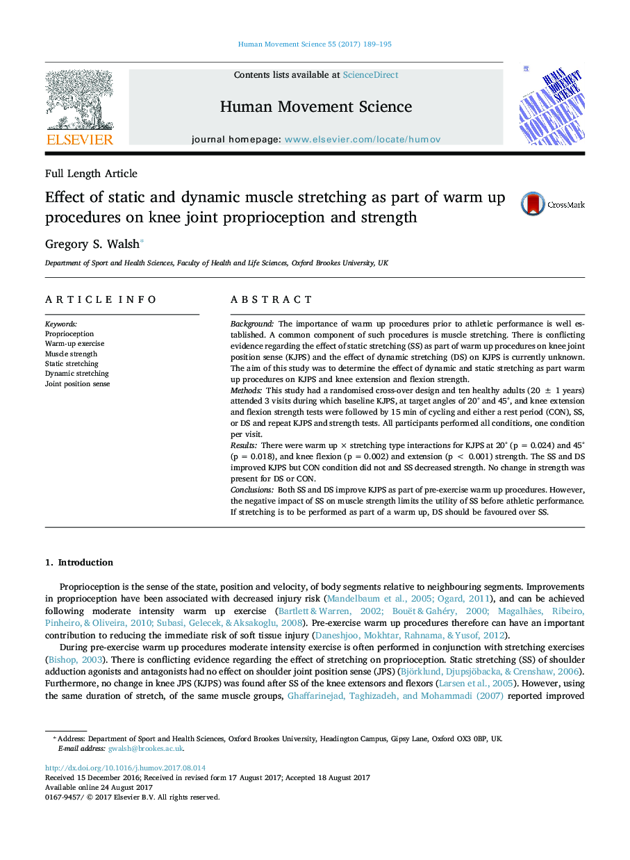 Effect of static and dynamic muscle stretching as part of warm up procedures on knee joint proprioception and strength