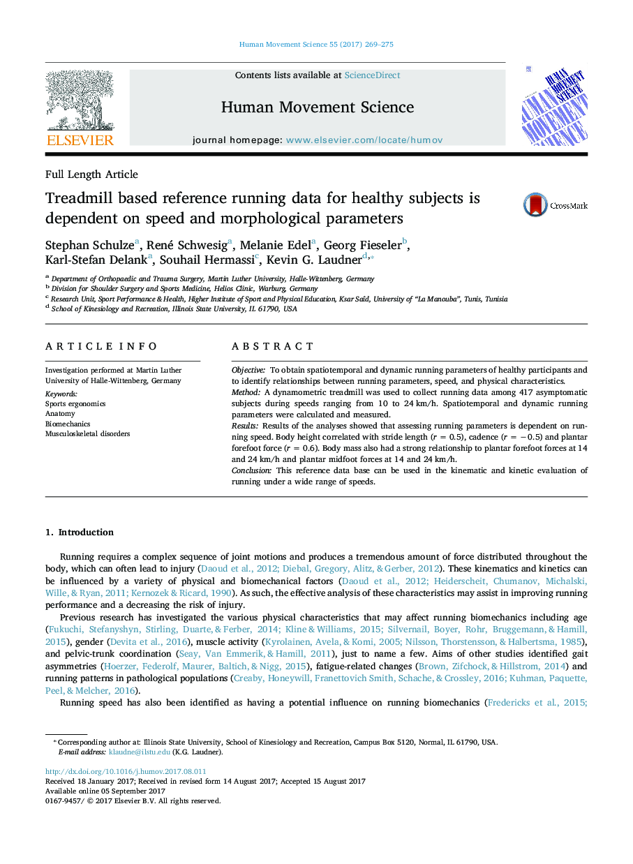 Treadmill based reference running data for healthy subjects is dependent on speed and morphological parameters