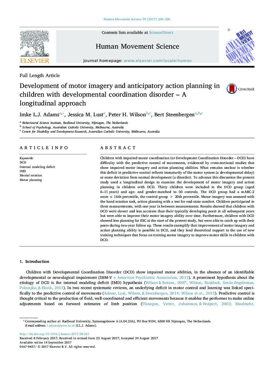 Development of motor imagery and anticipatory action planning in children with developmental coordination disorder - A longitudinal approach