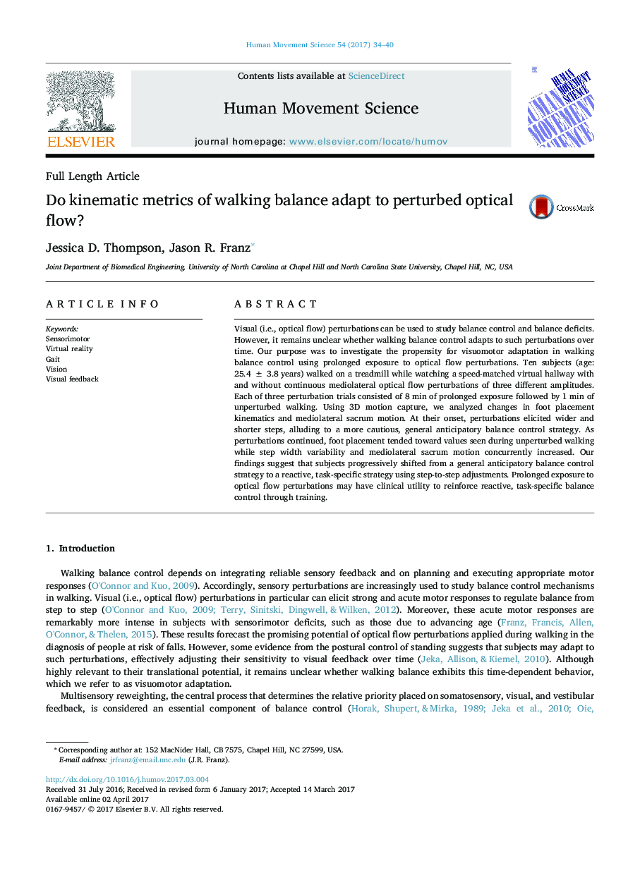 Do kinematic metrics of walking balance adapt to perturbed optical flow?