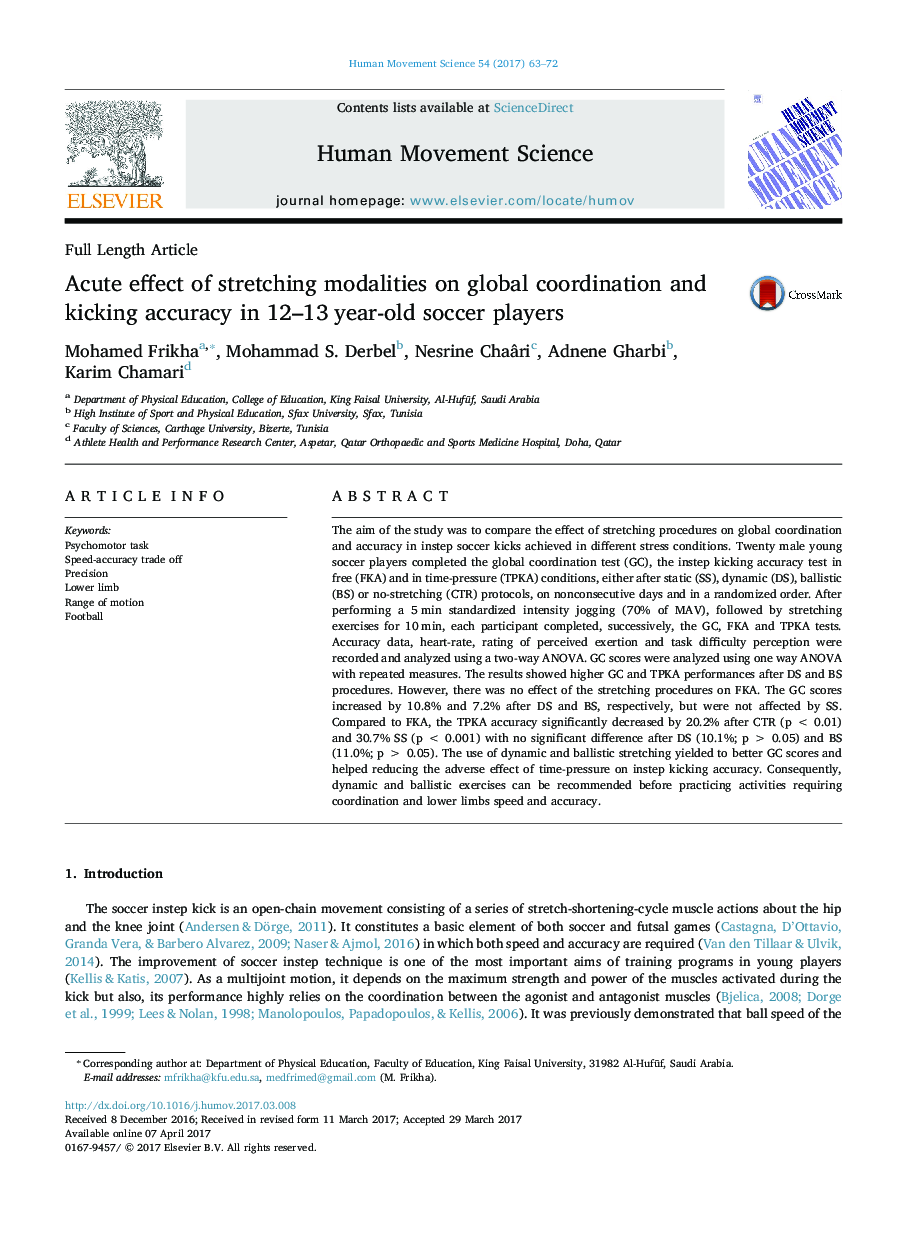 Acute effect of stretching modalities on global coordination and kicking accuracy in 12-13 year-old soccer players