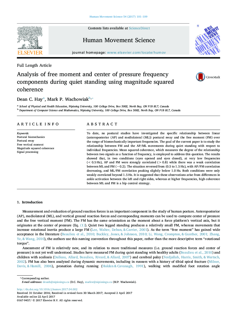 Analysis of free moment and center of pressure frequency components during quiet standing using magnitude squared coherence