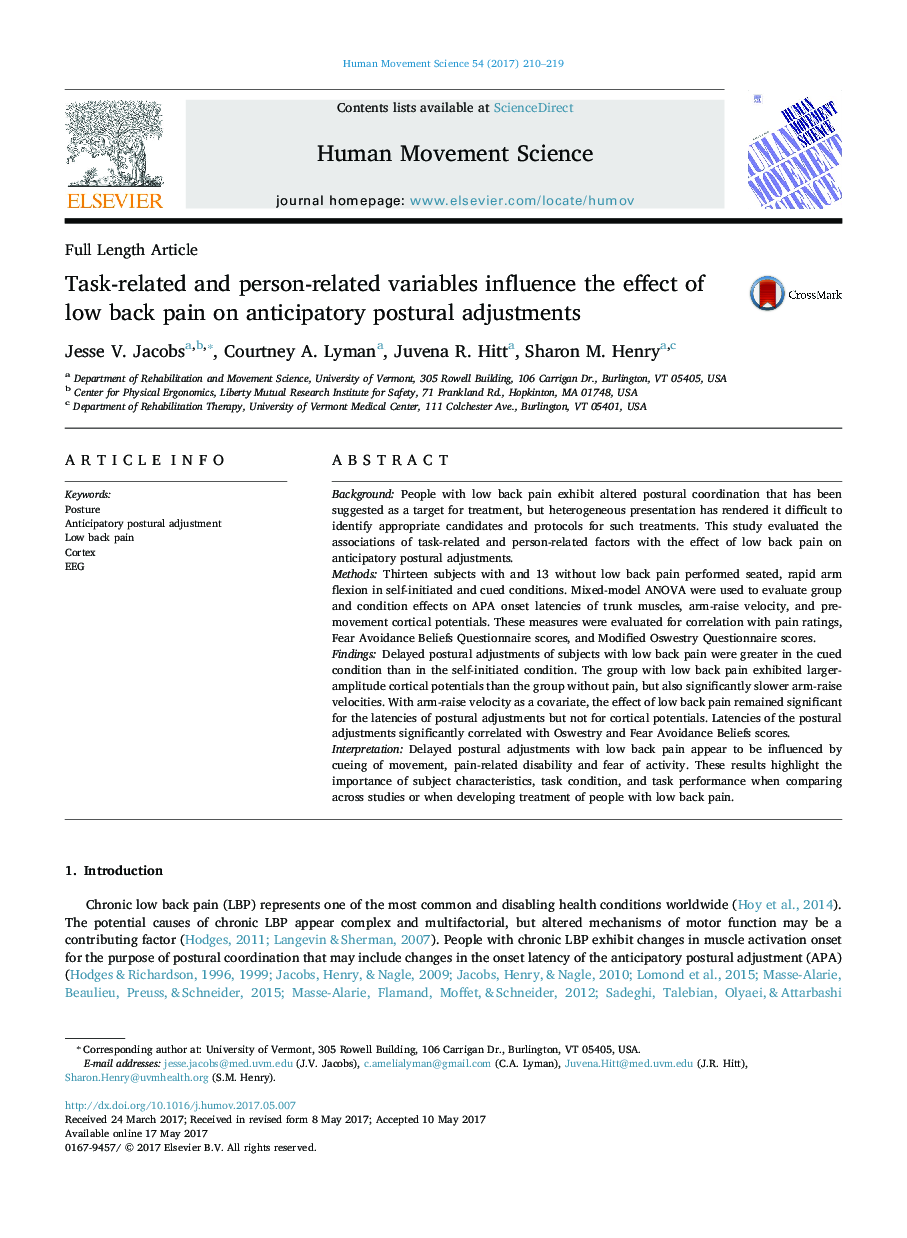 Task-related and person-related variables influence the effect of low back pain on anticipatory postural adjustments