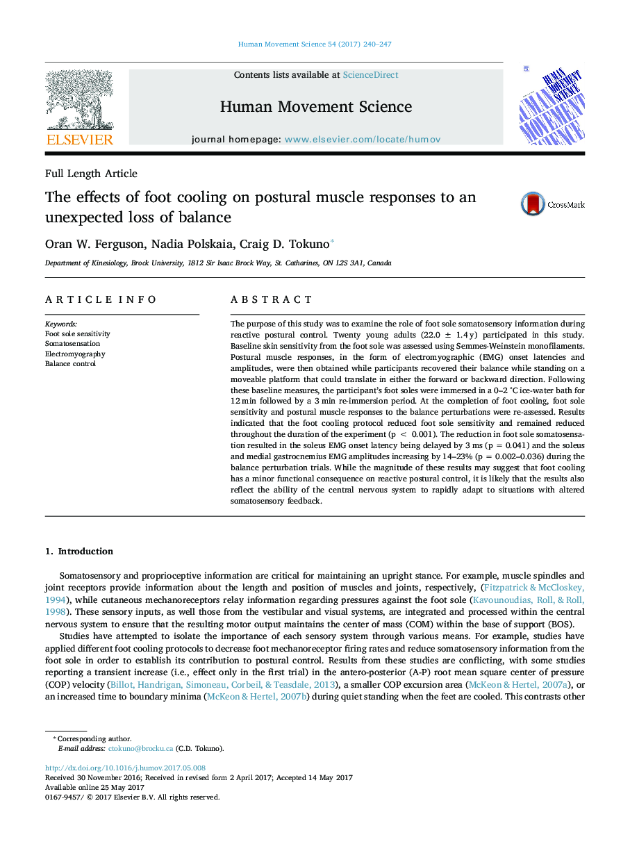 Full Length ArticleThe effects of foot cooling on postural muscle responses to an unexpected loss of balance