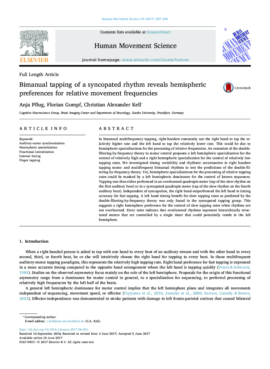 Bimanual tapping of a syncopated rhythm reveals hemispheric preferences for relative movement frequencies