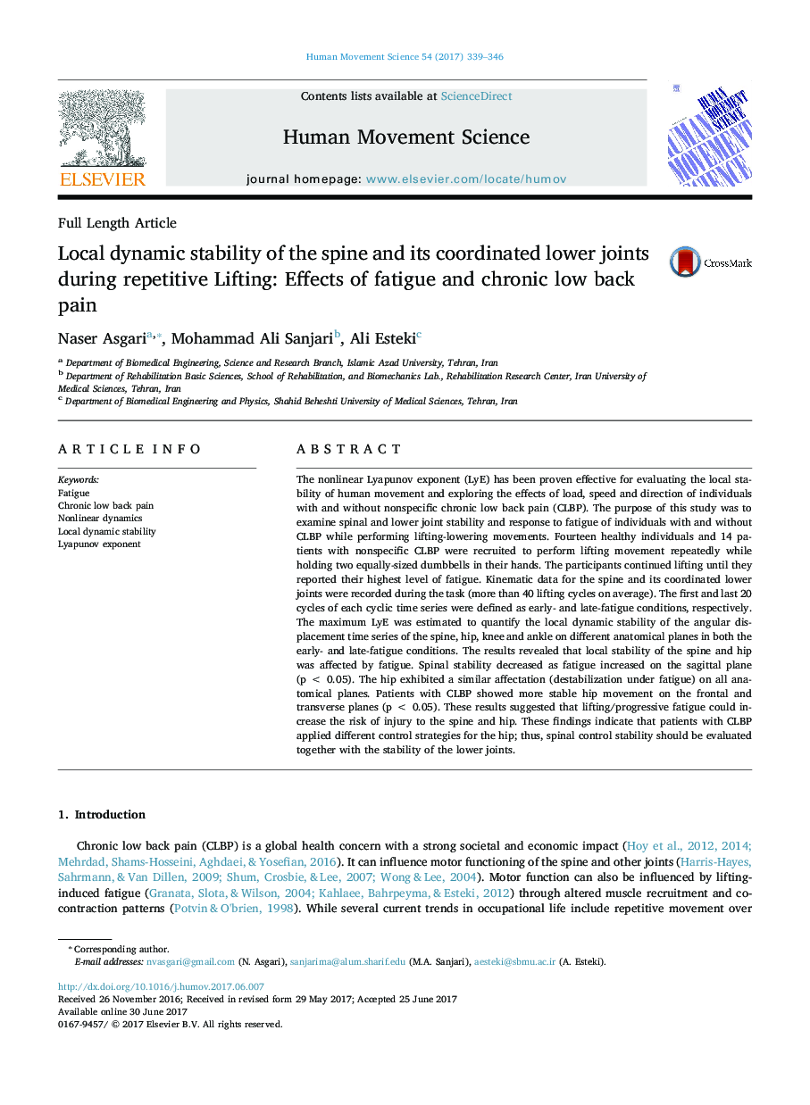 Local dynamic stability of the spine and its coordinated lower joints during repetitive Lifting: Effects of fatigue and chronic low back pain