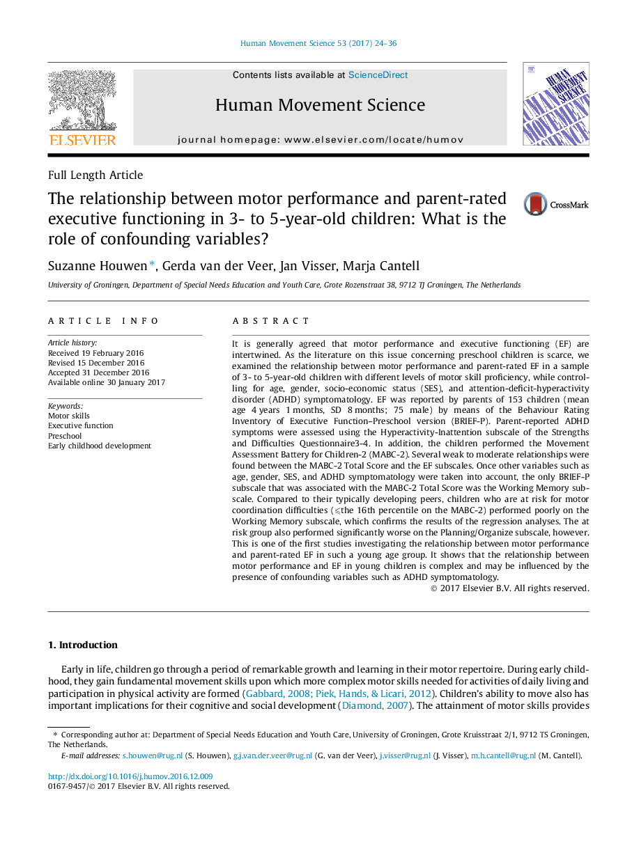 The relationship between motor performance and parent-rated executive functioning in 3- to 5-year-old children: What is the role of confounding variables?