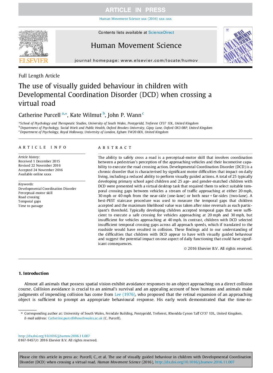 The use of visually guided behaviour in children with Developmental Coordination Disorder (DCD) when crossing a virtual road