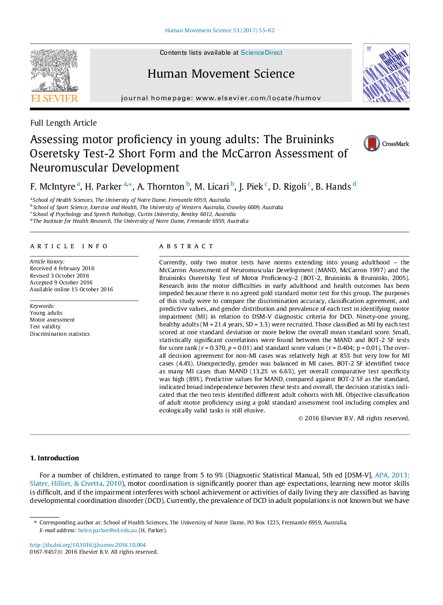 Assessing motor proficiency in young adults: The Bruininks Oseretsky Test-2 Short Form and the McCarron Assessment of Neuromuscular Development