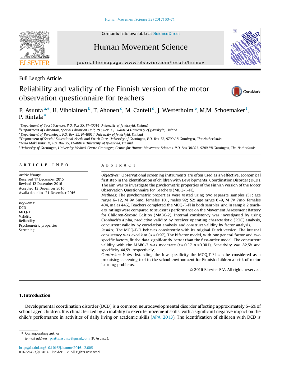 Reliability and validity of the Finnish version of the motor observation questionnaire for teachers