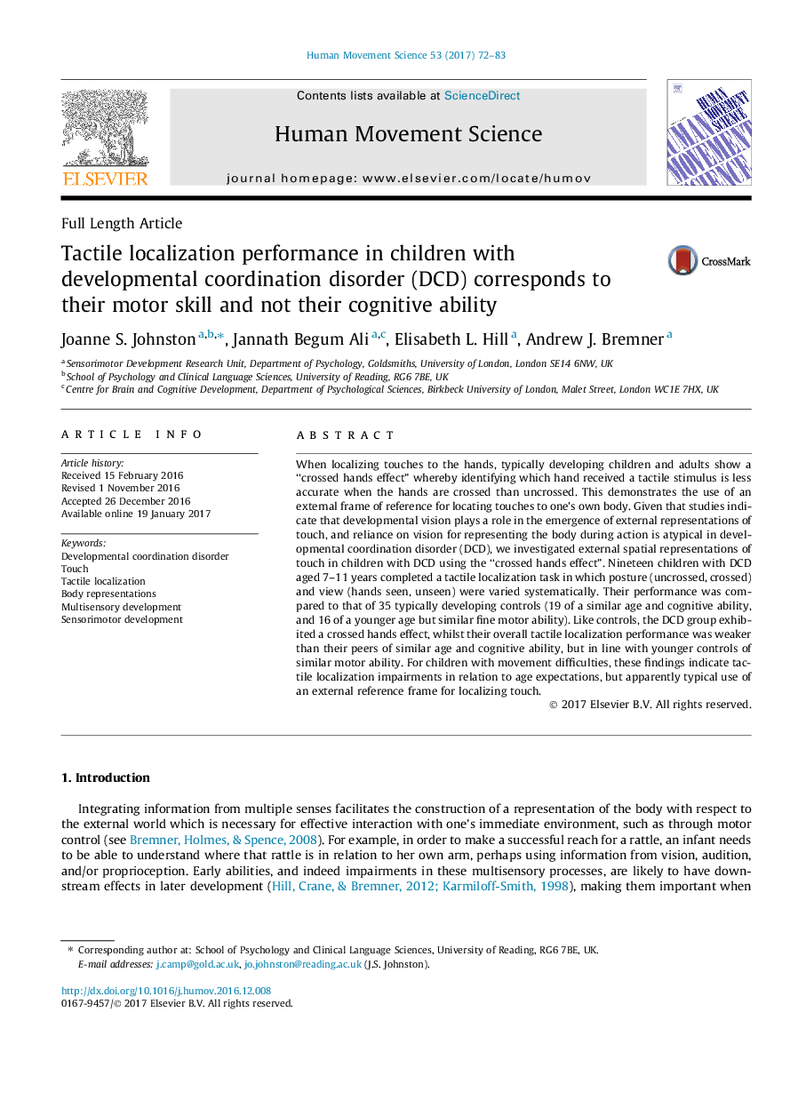 Tactile localization performance in children with developmental coordination disorder (DCD) corresponds to their motor skill and not their cognitive ability