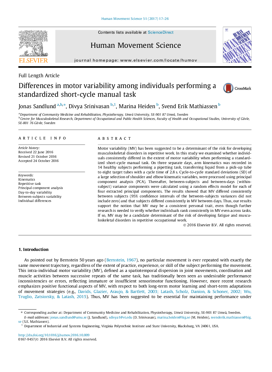 Differences in motor variability among individuals performing a standardized short-cycle manual task