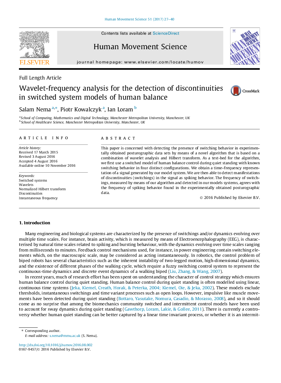 Wavelet-frequency analysis for the detection of discontinuities in switched system models of human balance