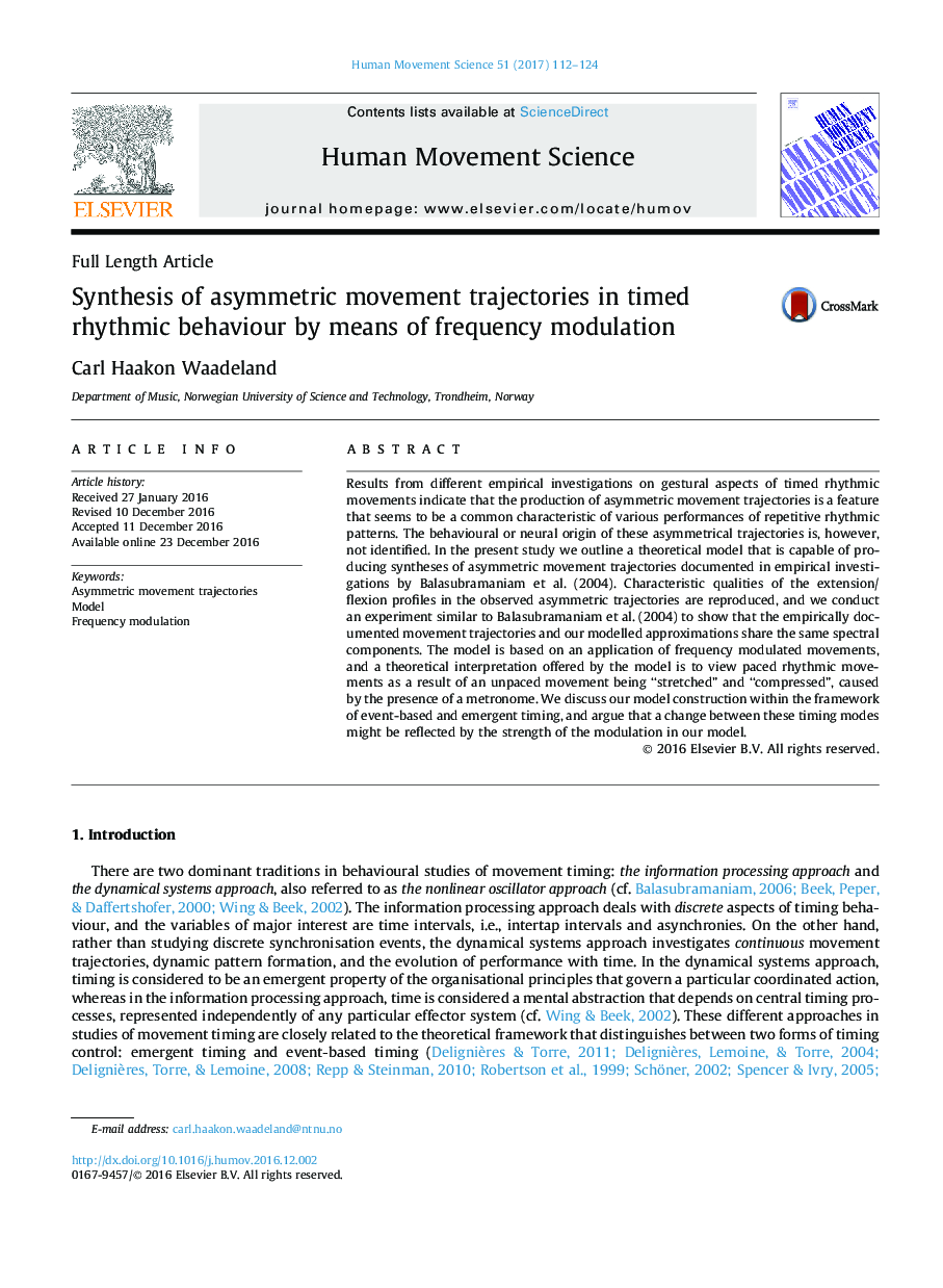 Synthesis of asymmetric movement trajectories in timed rhythmic behaviour by means of frequency modulation