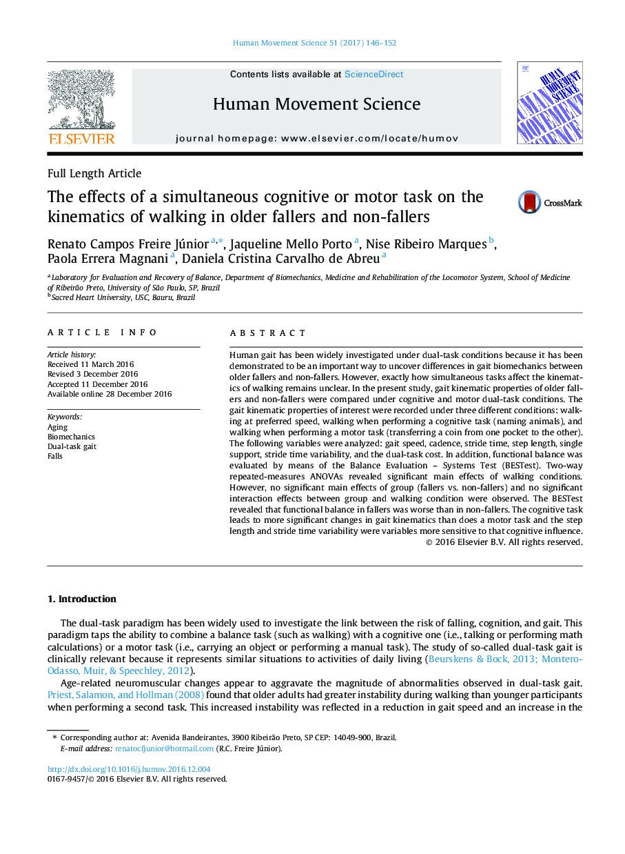 Full Length ArticleThe effects of a simultaneous cognitive or motor task on the kinematics of walking in older fallers and non-fallers