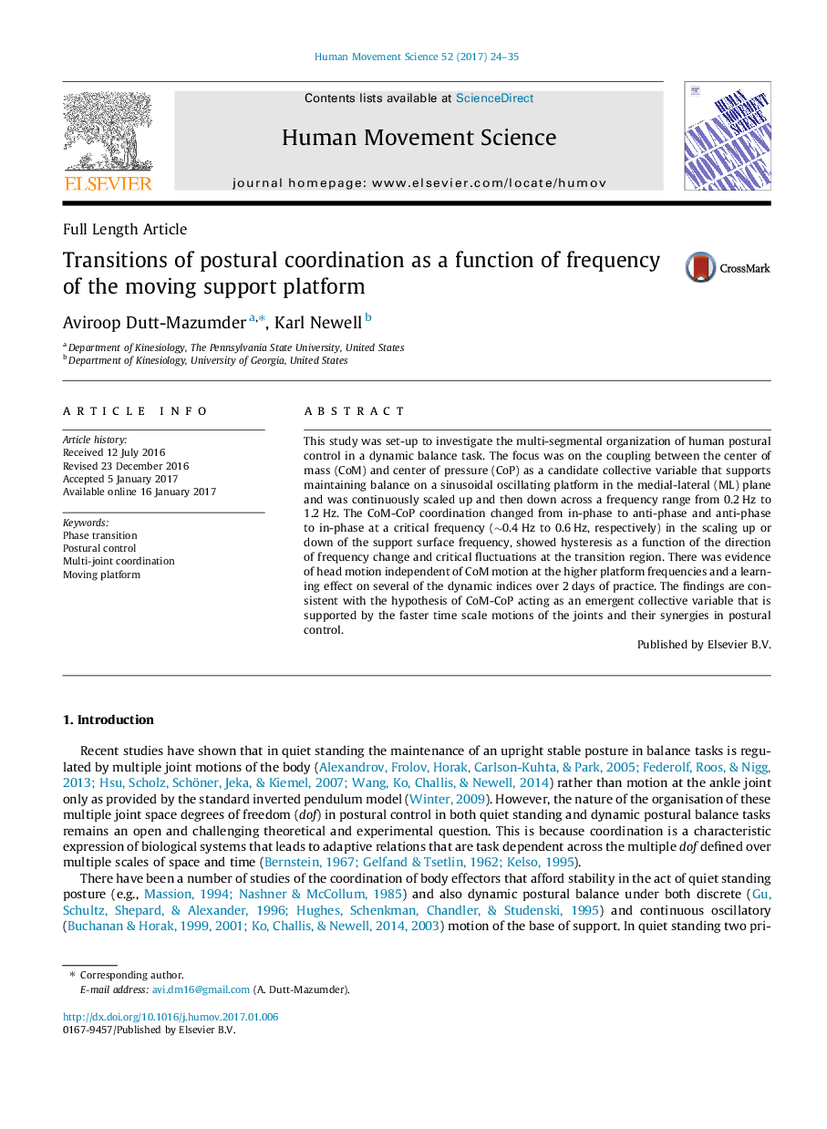 Transitions of postural coordination as a function of frequency of the moving support platform