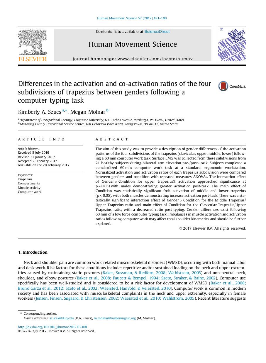 Differences in the activation and co-activation ratios of the four subdivisions of trapezius between genders following a computer typing task