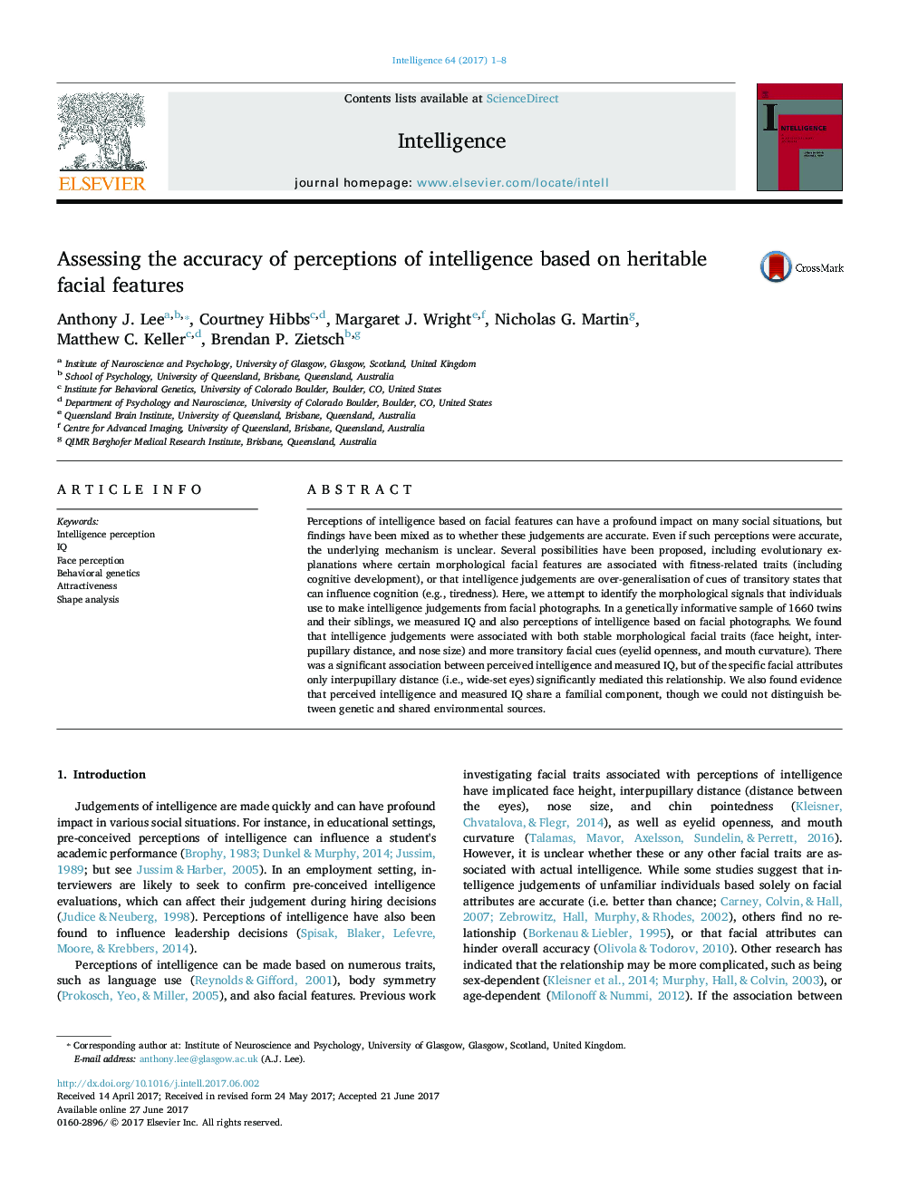 Assessing the accuracy of perceptions of intelligence based on heritable facial features