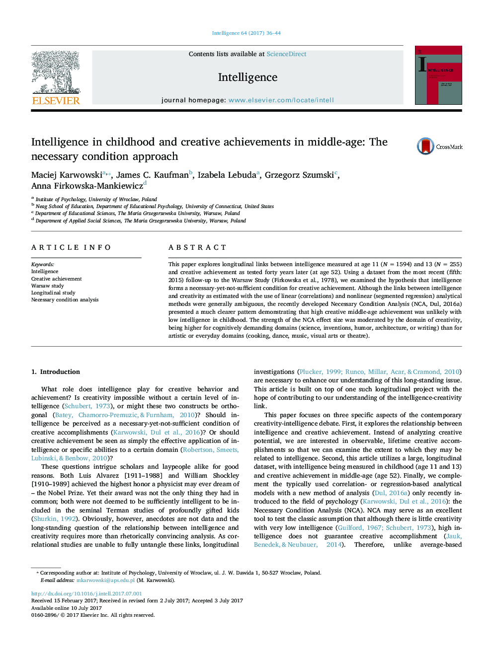 Intelligence in childhood and creative achievements in middle-age: The necessary condition approach