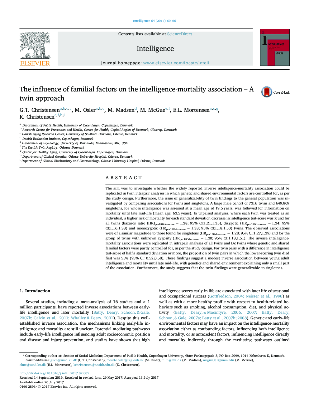 The influence of familial factors on the intelligence-mortality association - A twin approach