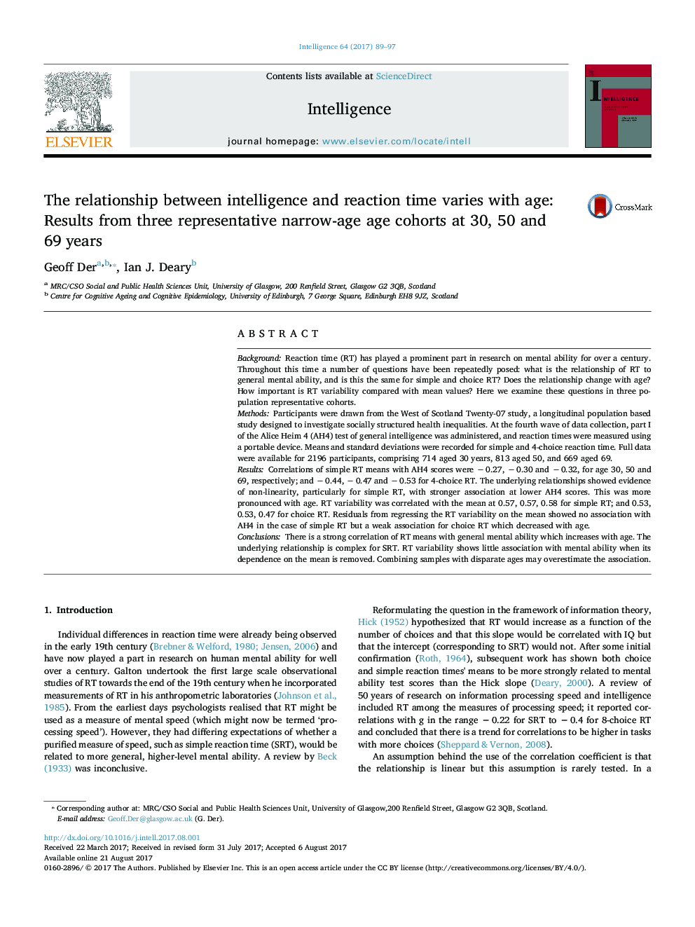 The relationship between intelligence and reaction time varies with age: Results from three representative narrow-age age cohorts at 30, 50 and 69 years