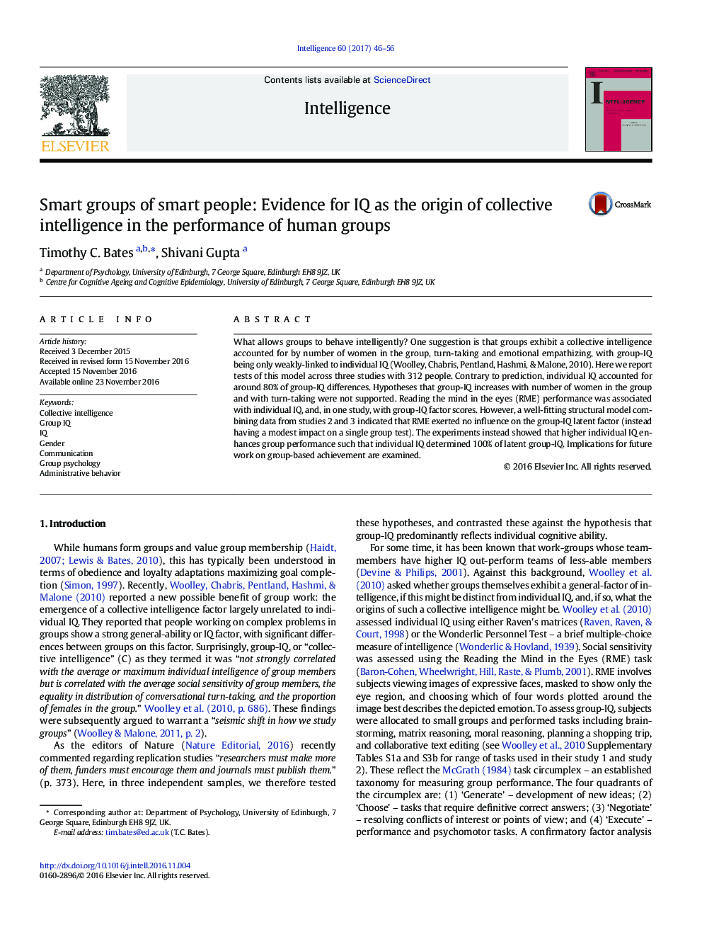 Smart groups of smart people: Evidence for IQ as the origin of collective intelligence in the performance of human groups