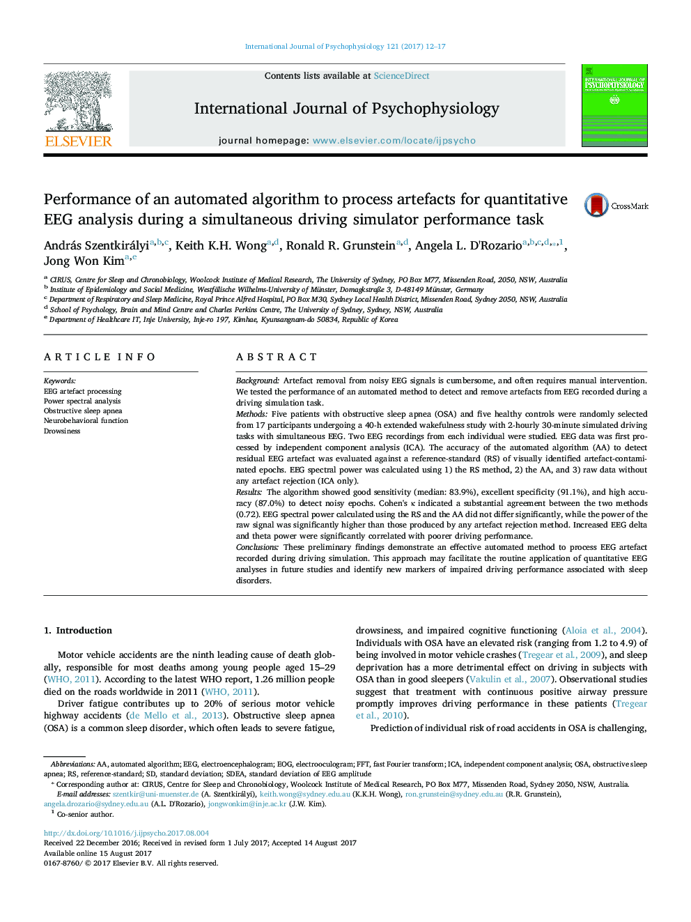 Performance of an automated algorithm to process artefacts for quantitative EEG analysis during a simultaneous driving simulator performance task