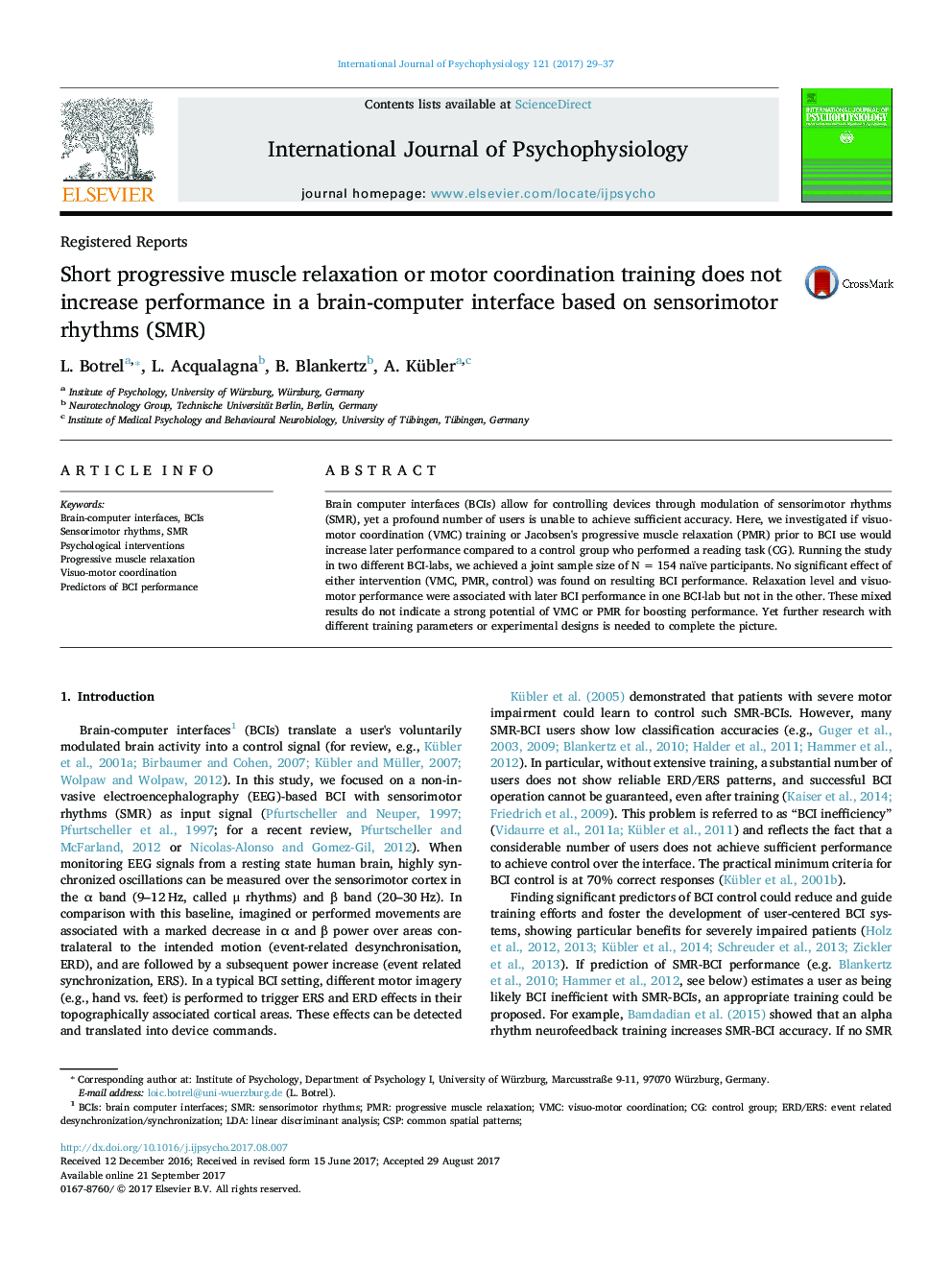 Registered ReportsShort progressive muscle relaxation or motor coordination training does not increase performance in a brain-computer interface based on sensorimotor rhythms (SMR)