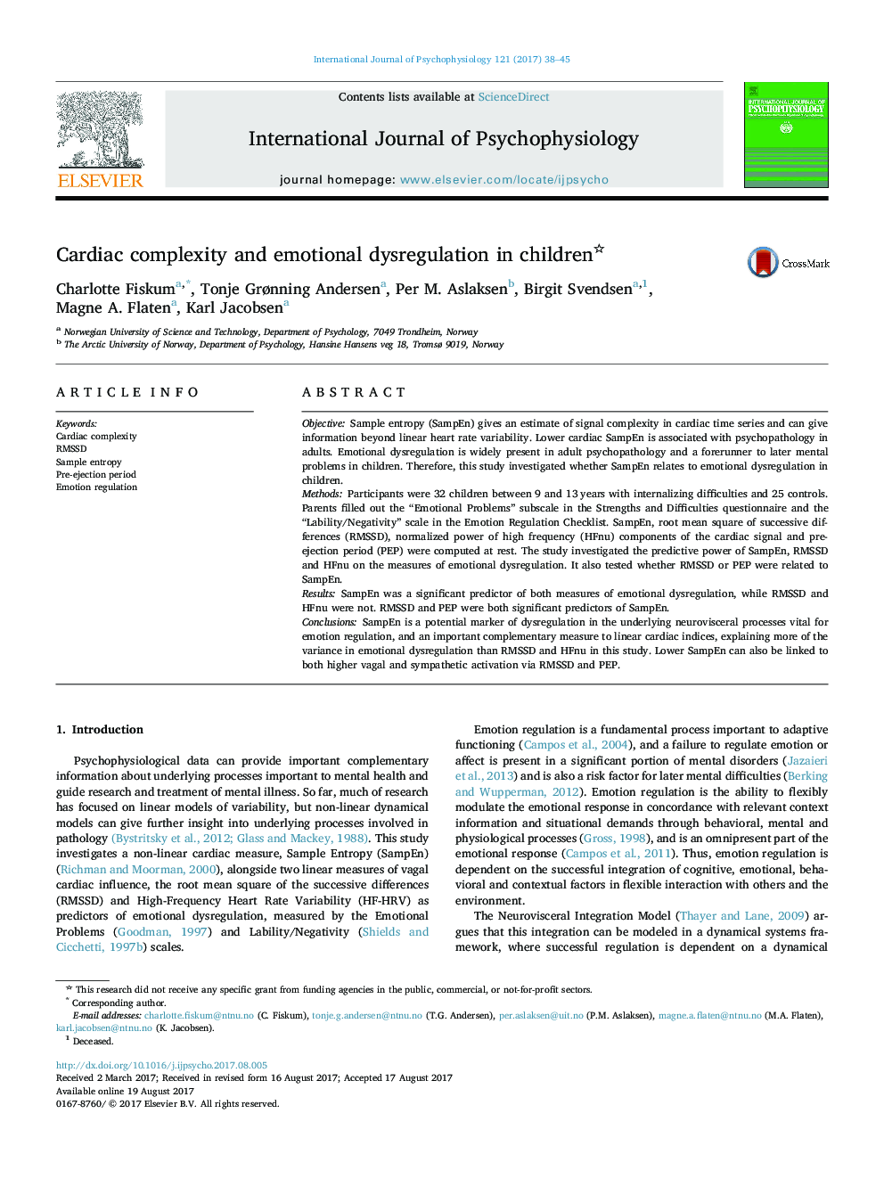 Cardiac complexity and emotional dysregulation in children