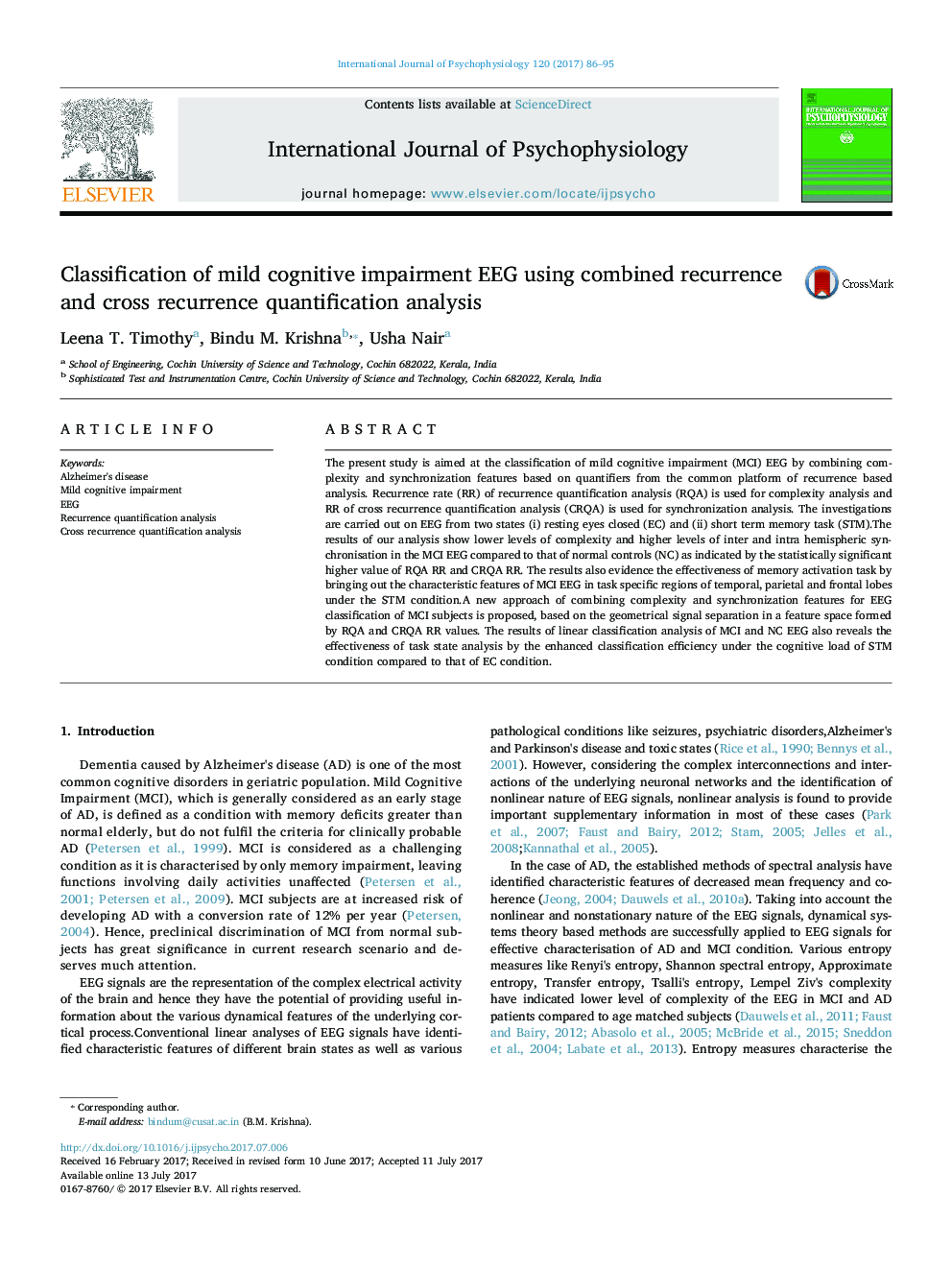 Classification of mild cognitive impairment EEG using combined recurrence and cross recurrence quantification analysis