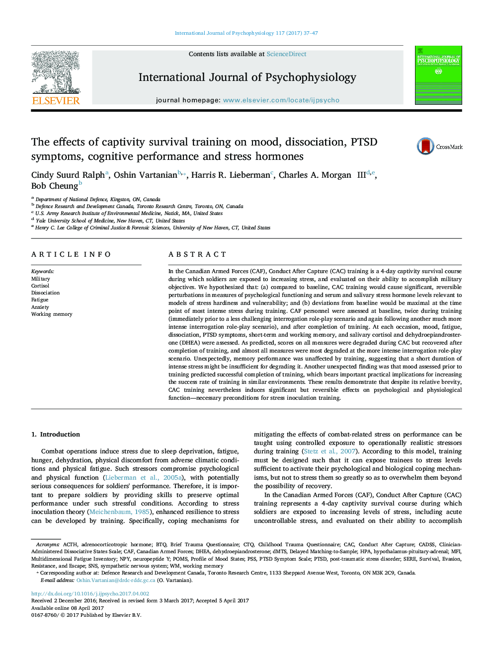 The effects of captivity survival training on mood, dissociation, PTSD symptoms, cognitive performance and stress hormones