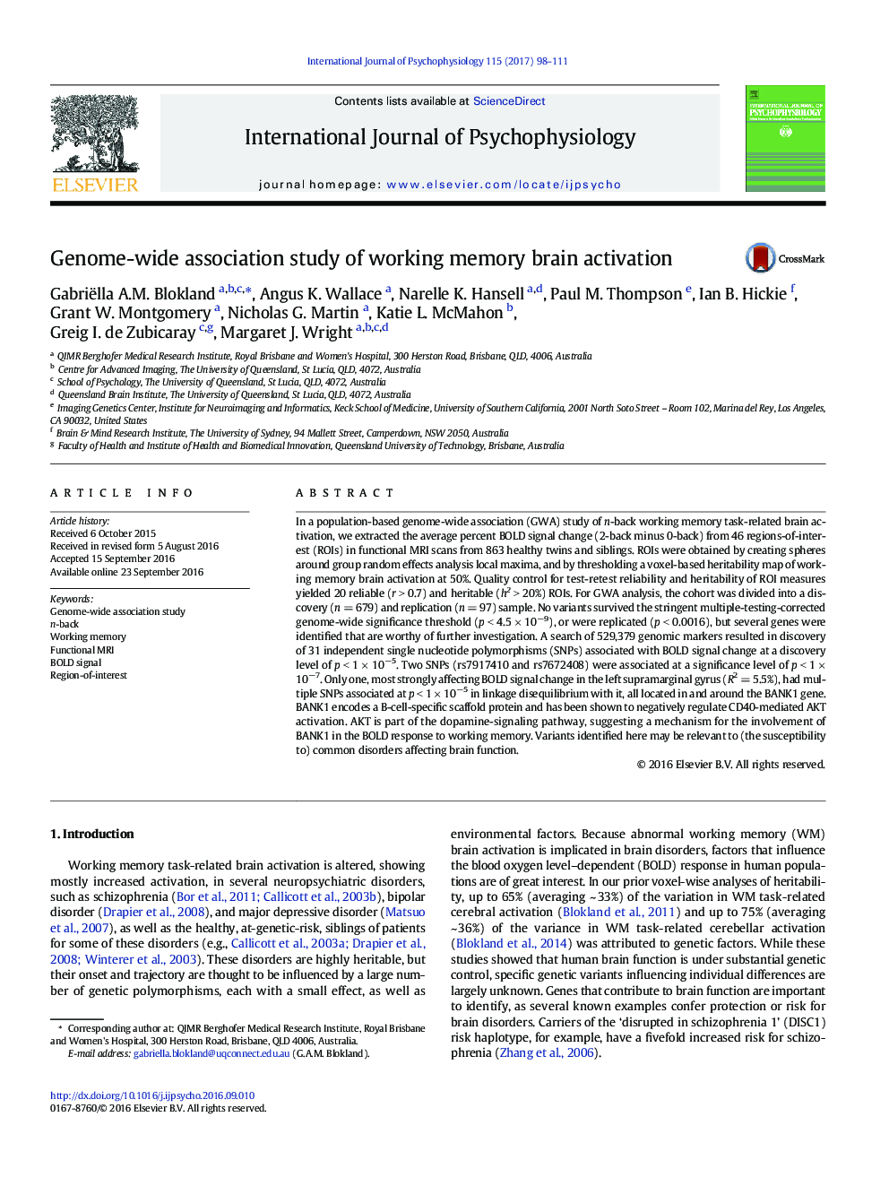 Genome-wide association study of working memory brain activation