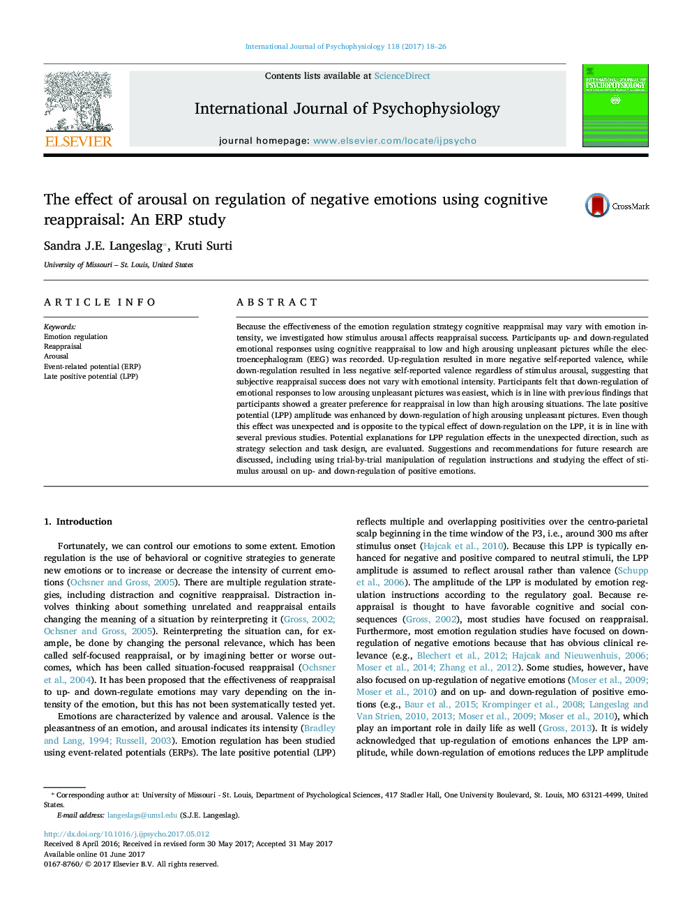 The effect of arousal on regulation of negative emotions using cognitive reappraisal: An ERP study