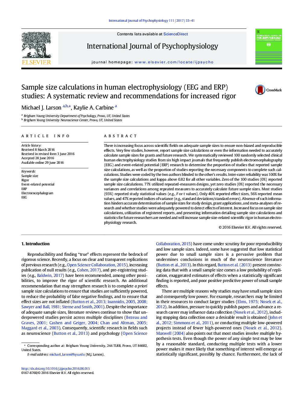 Sample size calculations in human electrophysiology (EEG and ERP) studies: A systematic review and recommendations for increased rigor