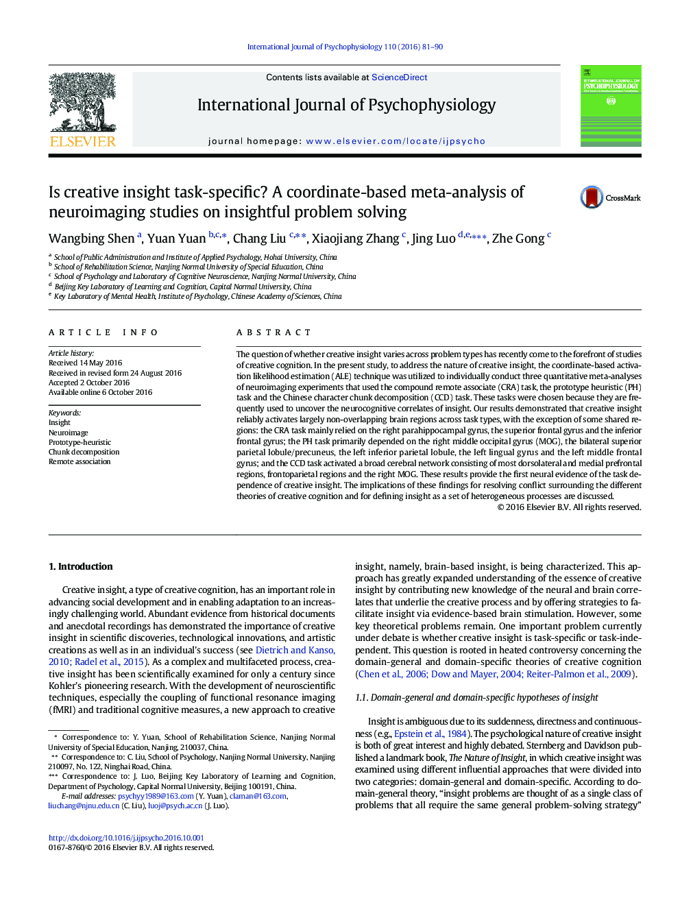 Is creative insight task-specific? A coordinate-based meta-analysis of neuroimaging studies on insightful problem solving