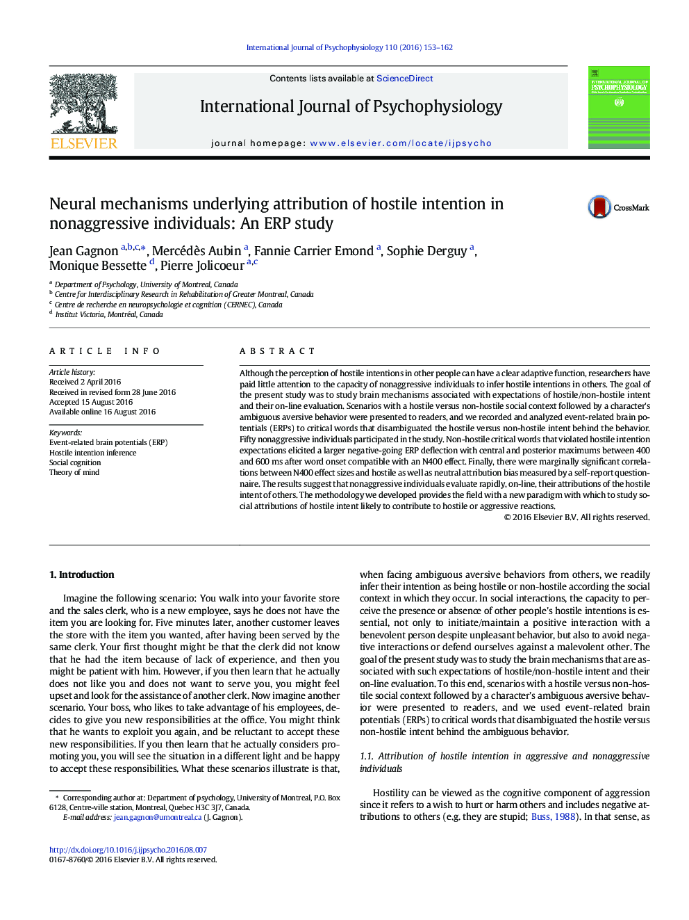 Neural mechanisms underlying attribution of hostile intention in nonaggressive individuals: An ERP study