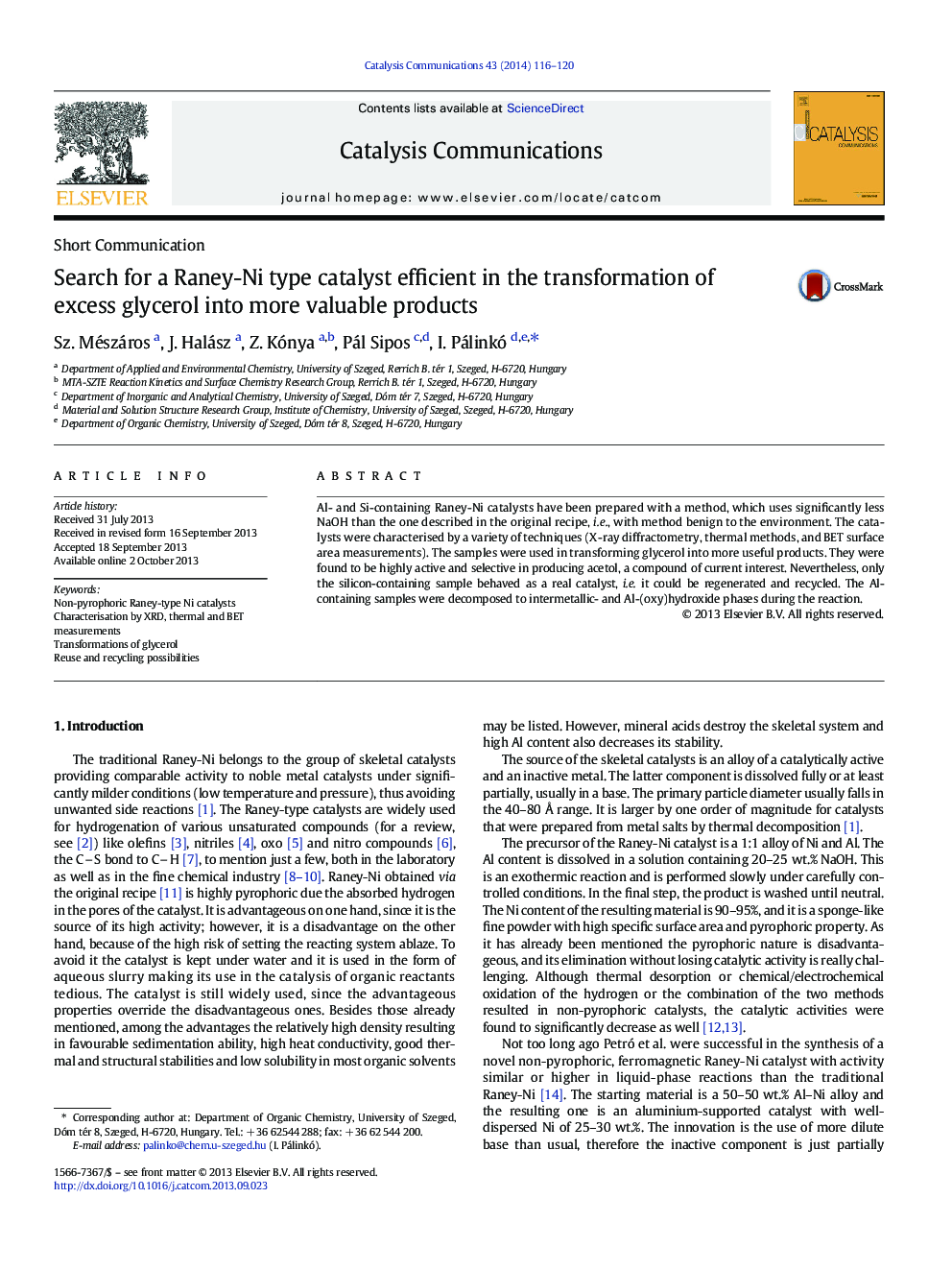 Search for a Raney-Ni type catalyst efficient in the transformation of excess glycerol into more valuable products