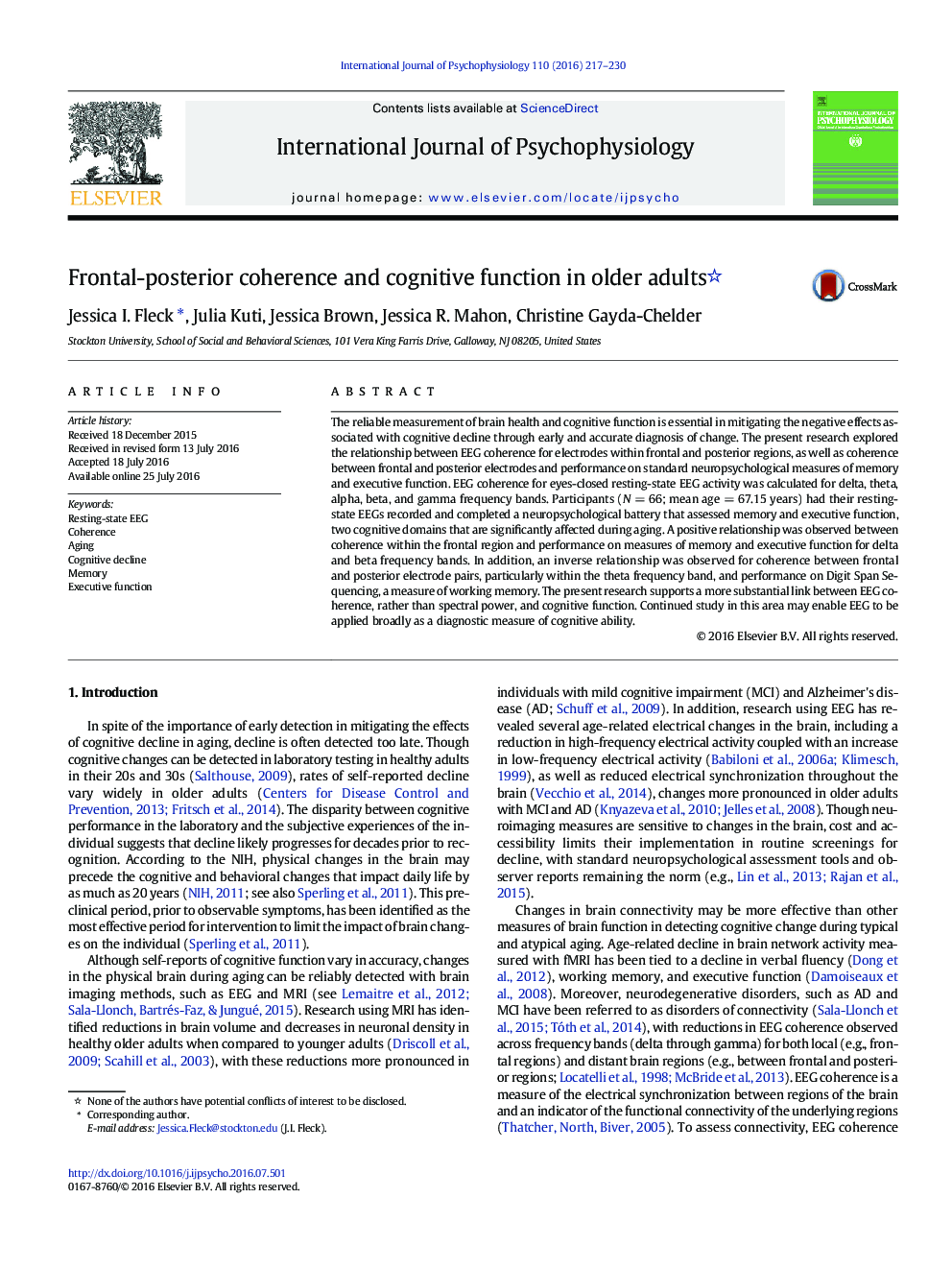 Frontal-posterior coherence and cognitive function in older adults