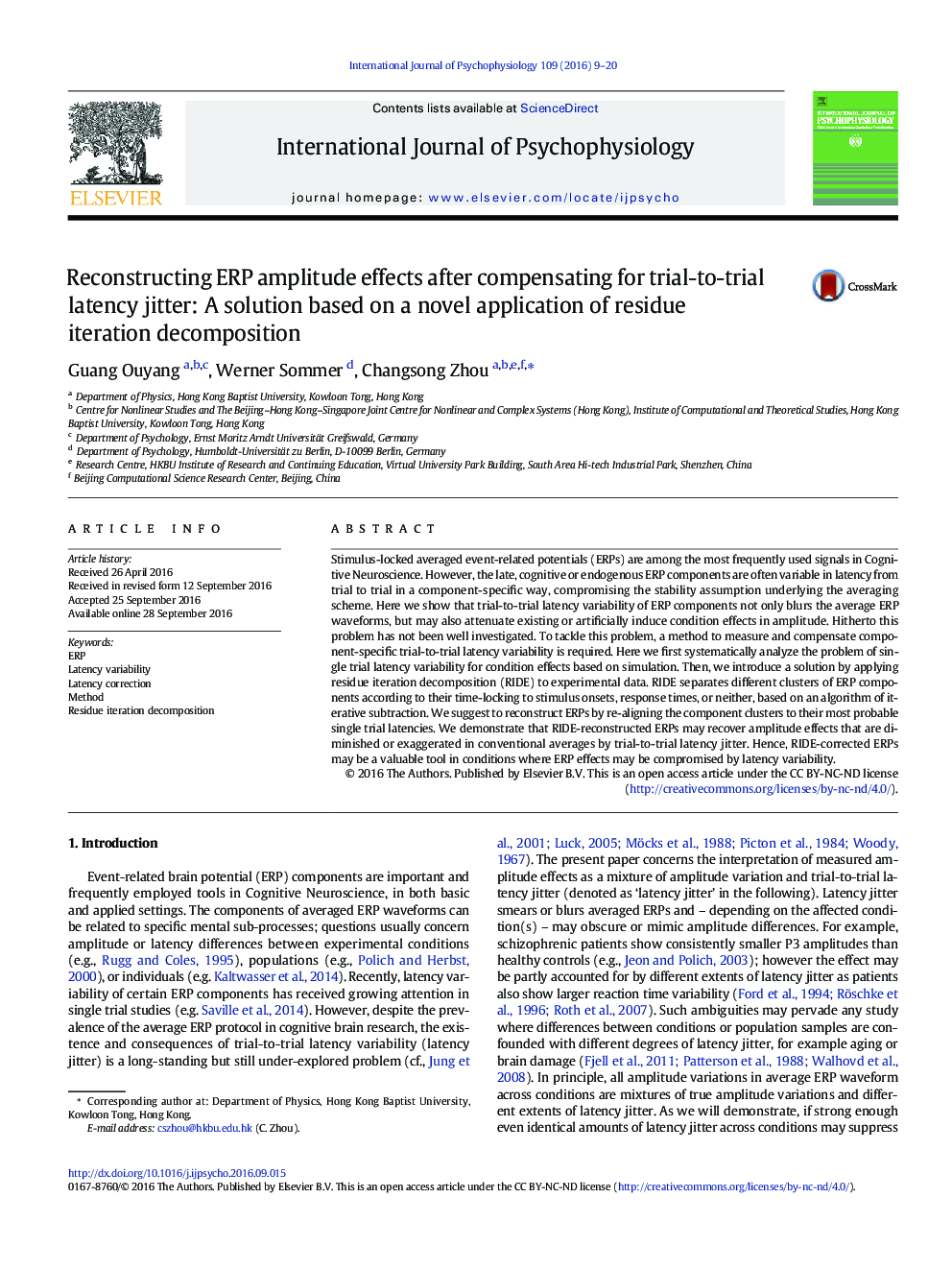 Reconstructing ERP amplitude effects after compensating for trial-to-trial latency jitter: A solution based on a novel application of residue iteration decomposition