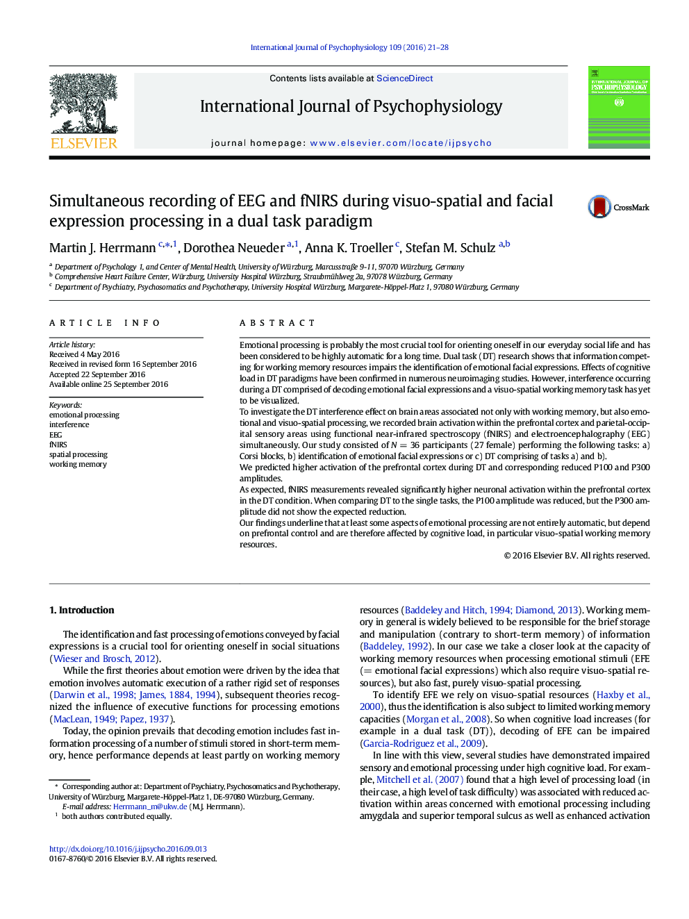 Simultaneous recording of EEG and fNIRS during visuo-spatial and facial expression processing in a dual task paradigm