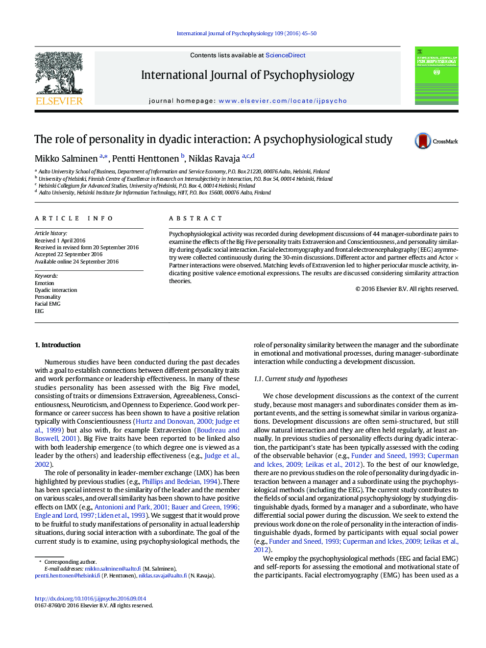 The role of personality in dyadic interaction: A psychophysiological study