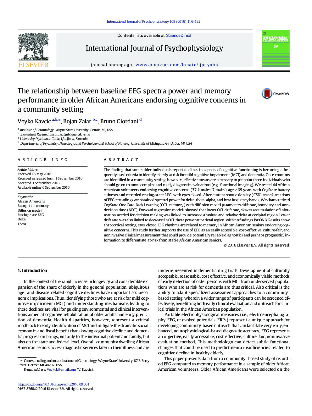 The relationship between baseline EEG spectra power and memory performance in older African Americans endorsing cognitive concerns in a community setting