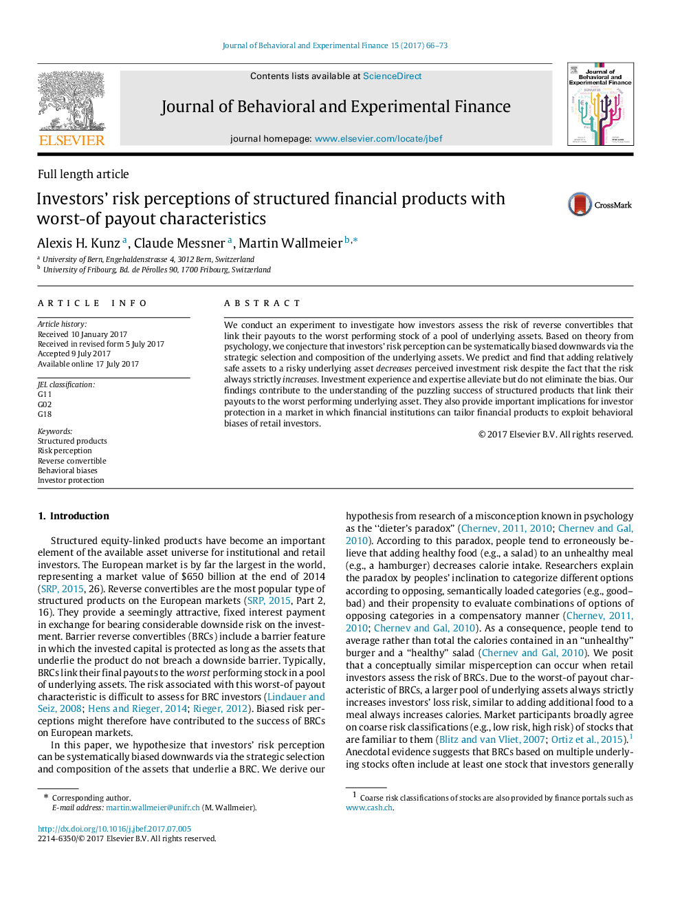 Investors' risk perceptions of structured financial products with worst-of payout characteristics